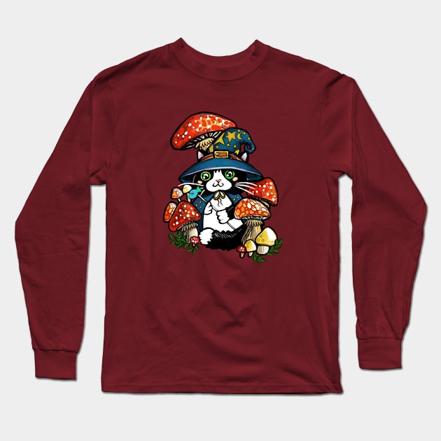 Adorable and Mystical Kitty Cat Wizard Sitting in some Mushrooms Long Sleeve T-Shirt by ckrickett